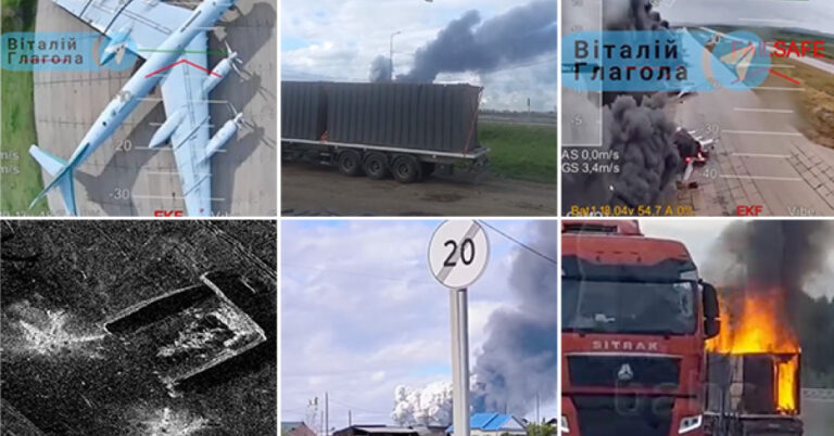 Videos reveal Ukrainian attack drones concealed in Russia and their subsequent actions.