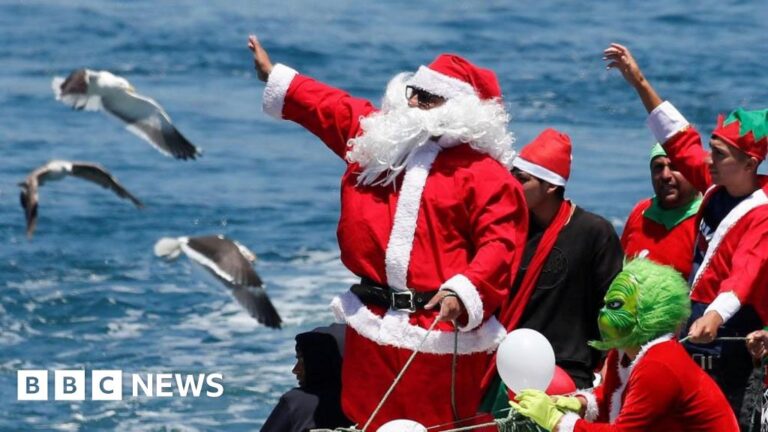Santa Claus on water skis and large cuts of meat